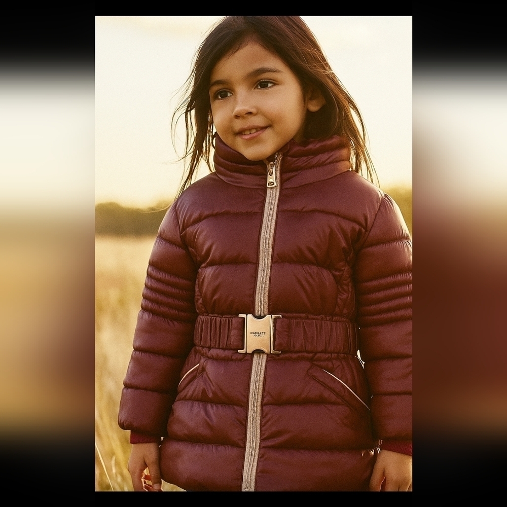 Michael Kors Big Girls Wine Warm Winter Puffer Jacket With Belt Detail 3T